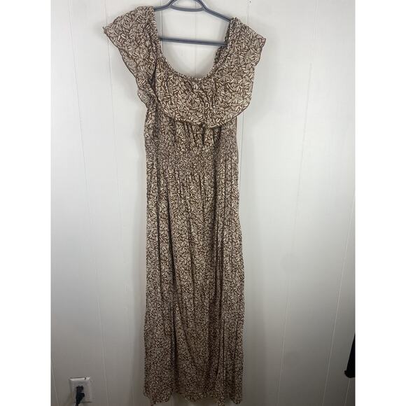Old Navy Women’s Off The Shoulder Maxi Dress Size XXL Tall Brown Tropical Print - Picture 3 of 9